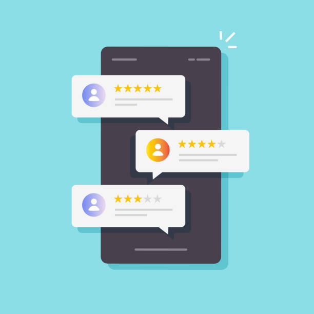 Review rating online bubbles on mobile phone or customer feedback testimonials on smartphone vector flat cartoon, illustrated cell phone review with good and bad rate experience modern clipart